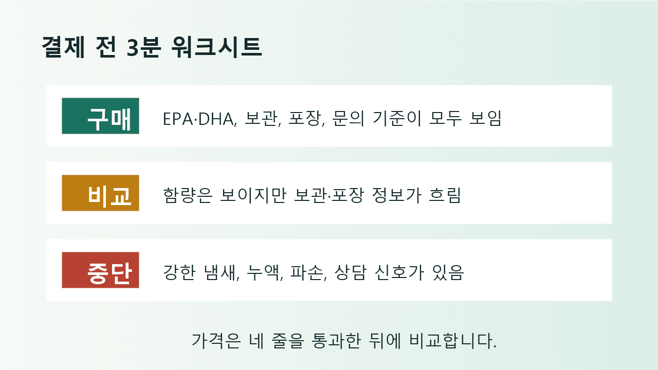 오메가3 구매 전 결제, 비교, 중단을 나누는 3분 체크 워크시트