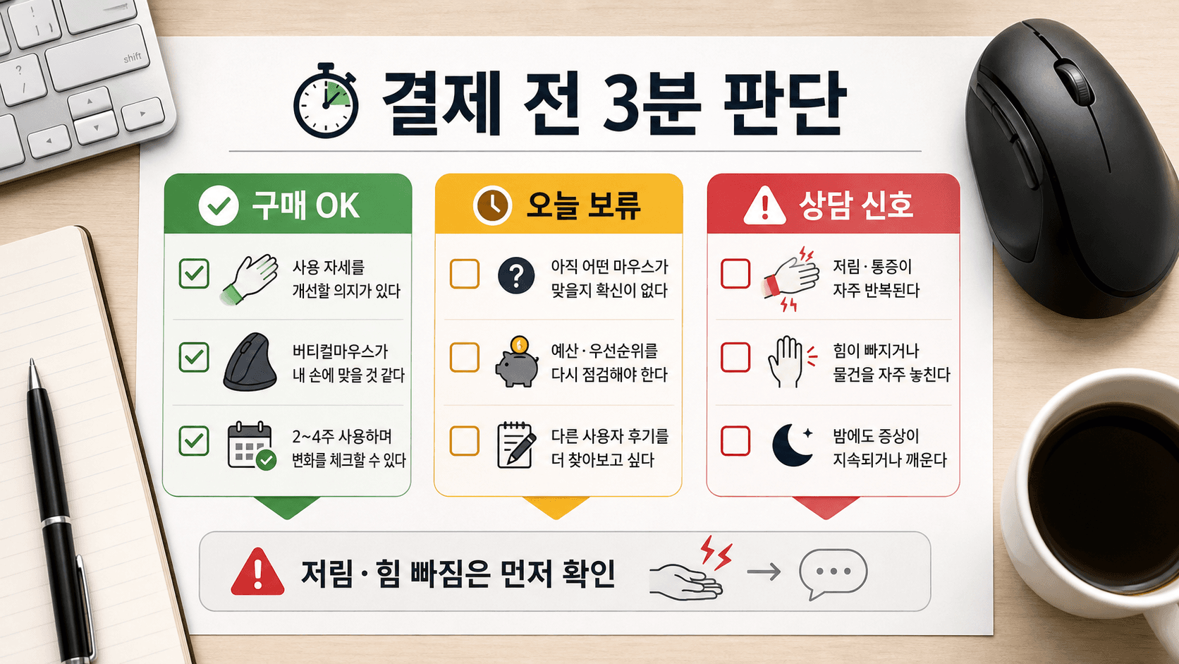 버티컬마우스 결제 전 구매 OK, 오늘 보류, 상담 신호를 나누는 3분 판단 워크시트