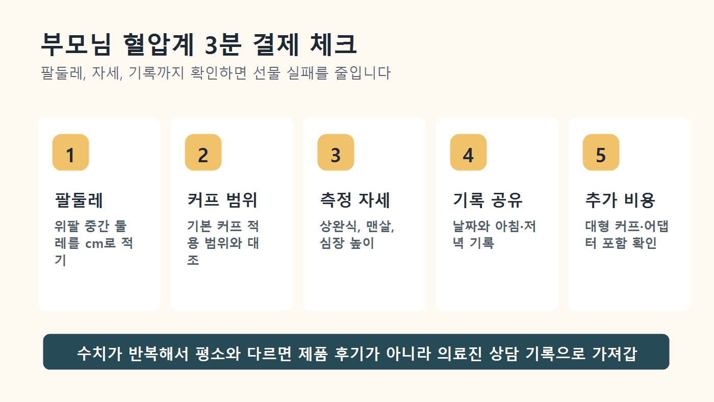 부모님 혈압계 결제 전 팔둘레, 커프 범위, 측정 자세, 기록 공유, 추가 비용을 확인하는 체크리스트