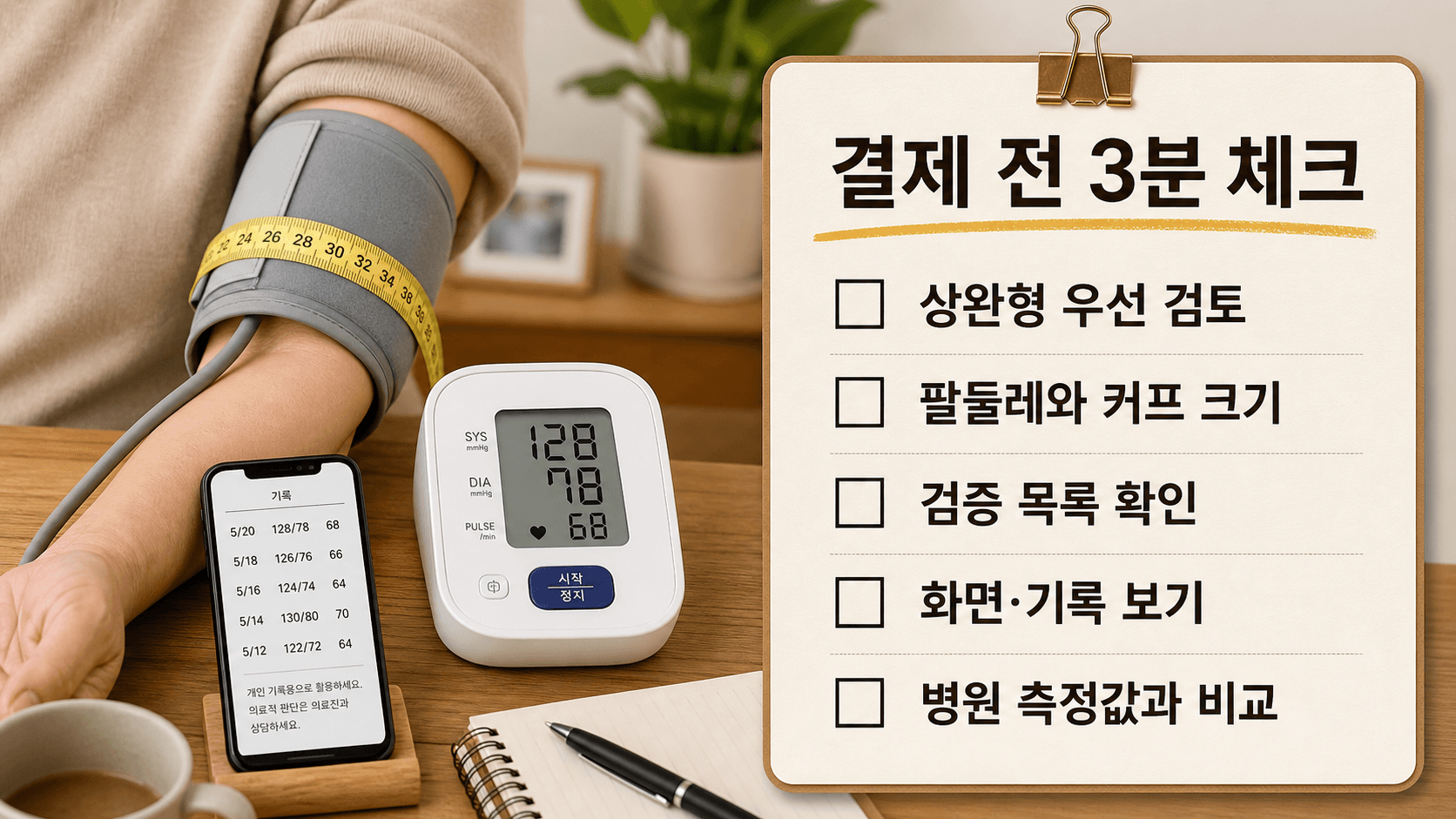 부모님 혈압계 결제 전 상완형, 팔둘레와 커프 크기, 검증 목록, 화면·기록 보기, 병원 측정값 비교를 확인하는 3분 체크시트