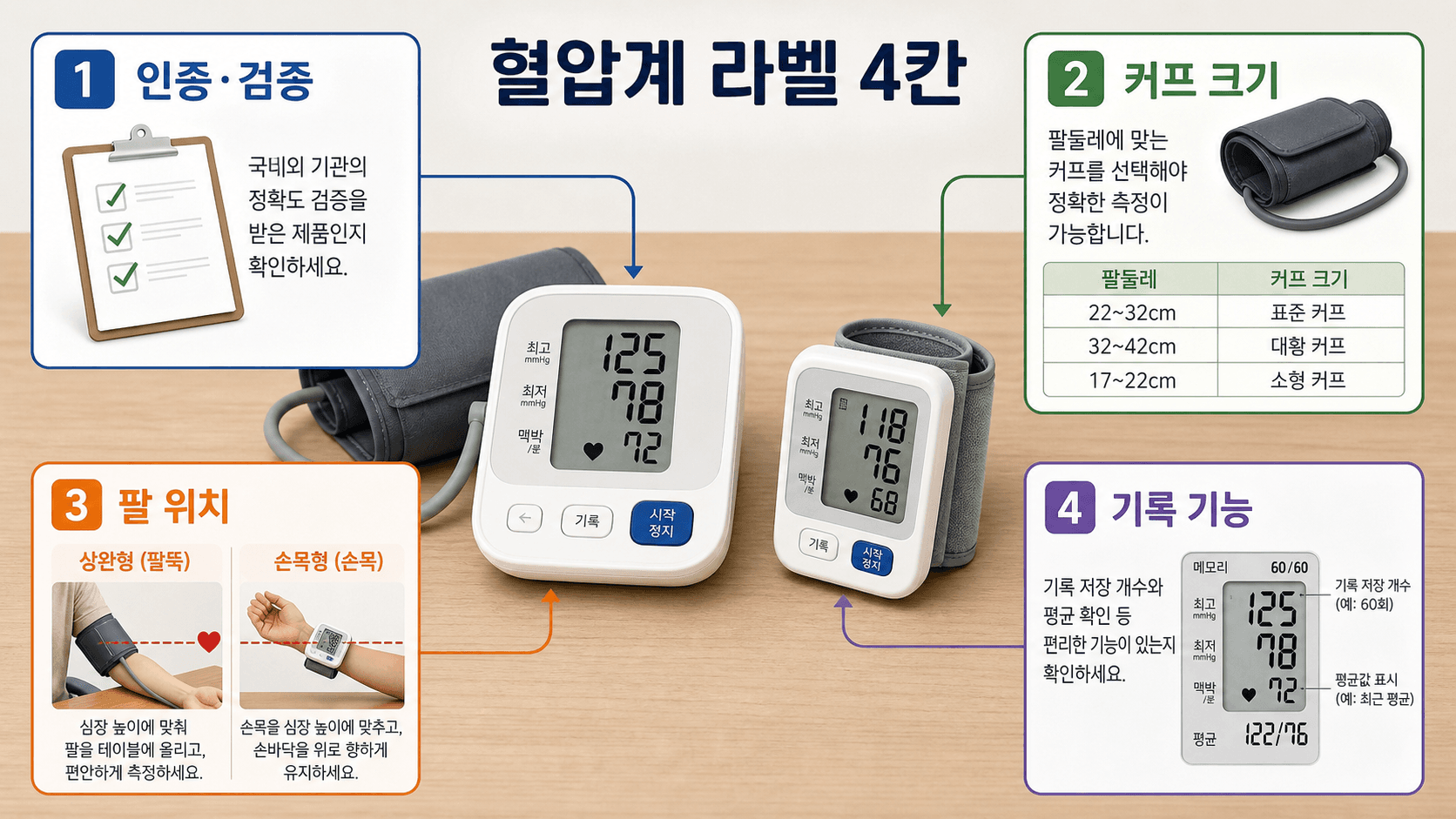 가정용 혈압계 라벨에서 인증·검증, 커프 크기, 팔 위치, 기록 기능을 확인하는 4칸 라벨맵