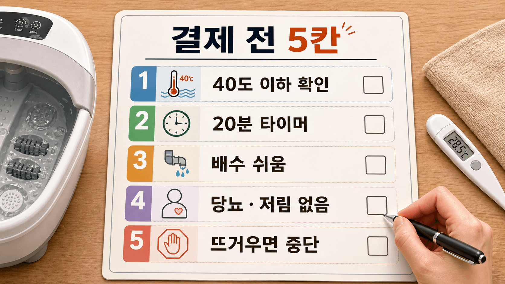 족욕기 결제 전 40도 이하, 20분 타이머, 배수 쉬움, 당뇨 저림 없음, 뜨거우면 중단을 확인하는 5칸 체크시트