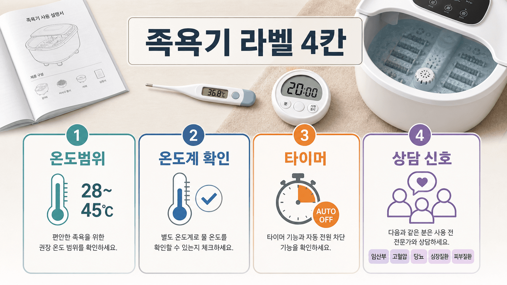 족욕기 상세페이지에서 온도범위, 온도계 확인, 타이머, 상담 신호를 보는 라벨 4칸
