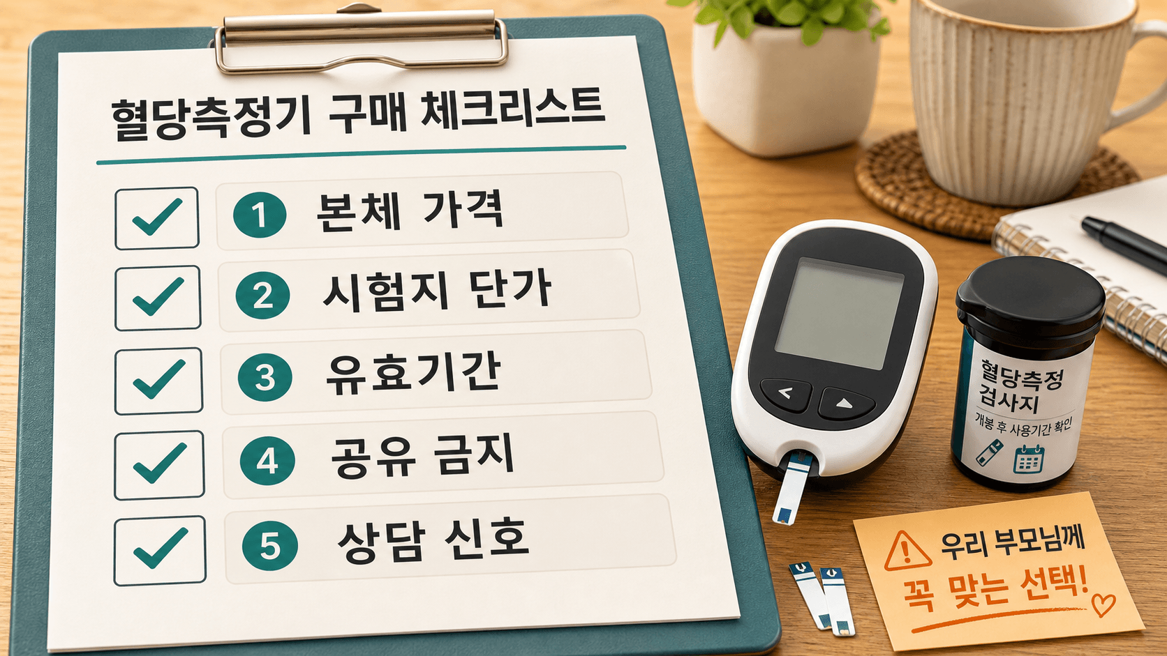 부모님 혈당측정기 결제 전 본체 가격, 시험지 단가, 유효기간, 공유 금지, 상담 신호를 채우는 5칸 체크리스트