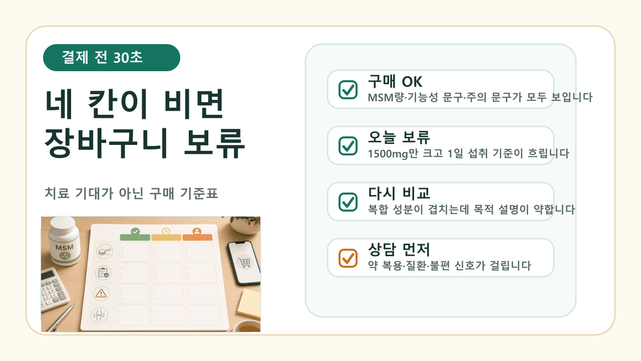 MSM 제품 결제 전 구매 OK, 오늘 보류, 다시 비교, 상담 먼저로 나누는 30초 체크시트
