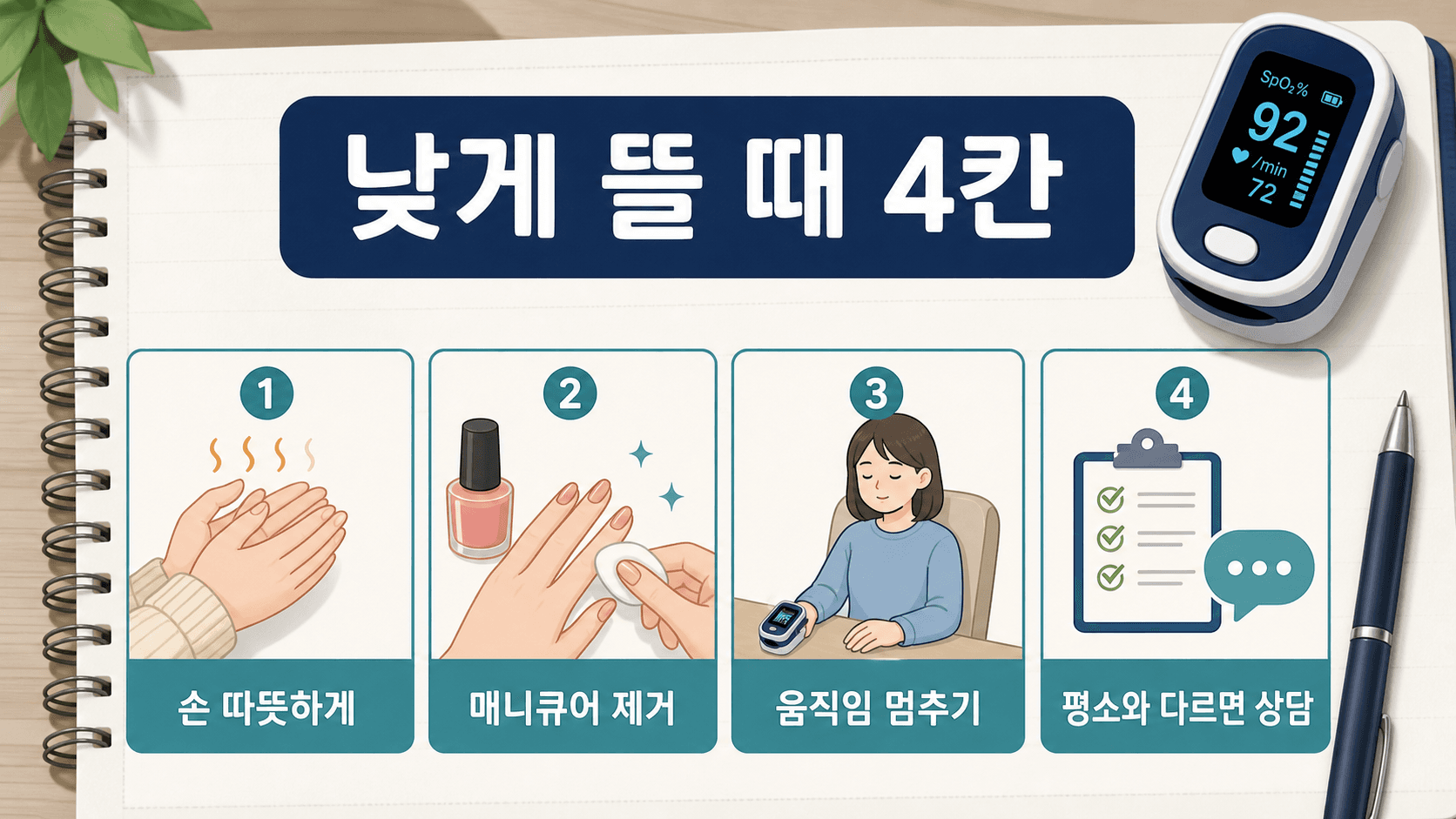 낮게 뜰 때 손 따뜻하게, 매니큐어 제거, 움직임 멈추기, 평소와 다르면 상담을 확인하는 4칸 워크시트