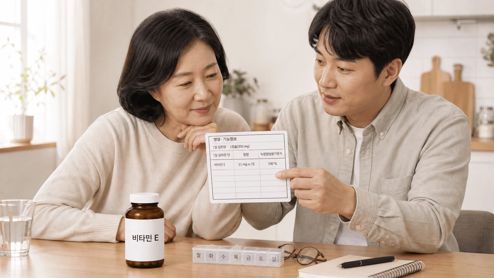 부모와 자녀가 비타민E 제품 라벨의 영양 기능정보를 함께 확인하는 장면
