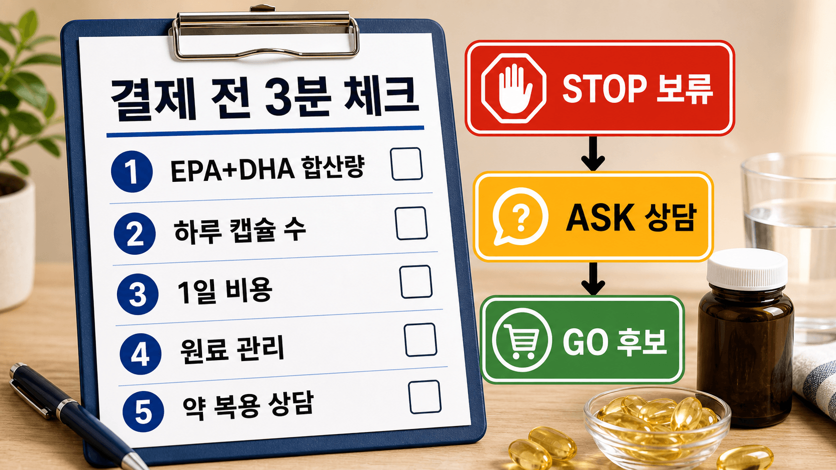 부모님 오메가3 결제 전 EPA+DHA 합산량, 하루 캡슐 수, 1일 비용, 원료 관리, 약 복용 상담을 확인하는 체크시트