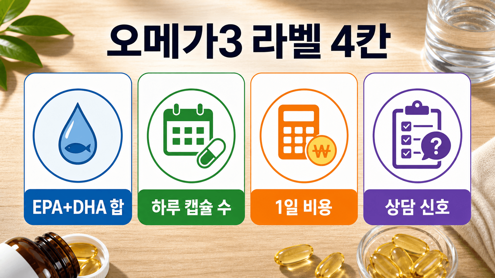 오메가3 라벨에서 EPA+DHA 합, 하루 캡슐 수, 1일 비용, 상담 신호를 확인하는 4칸 지도