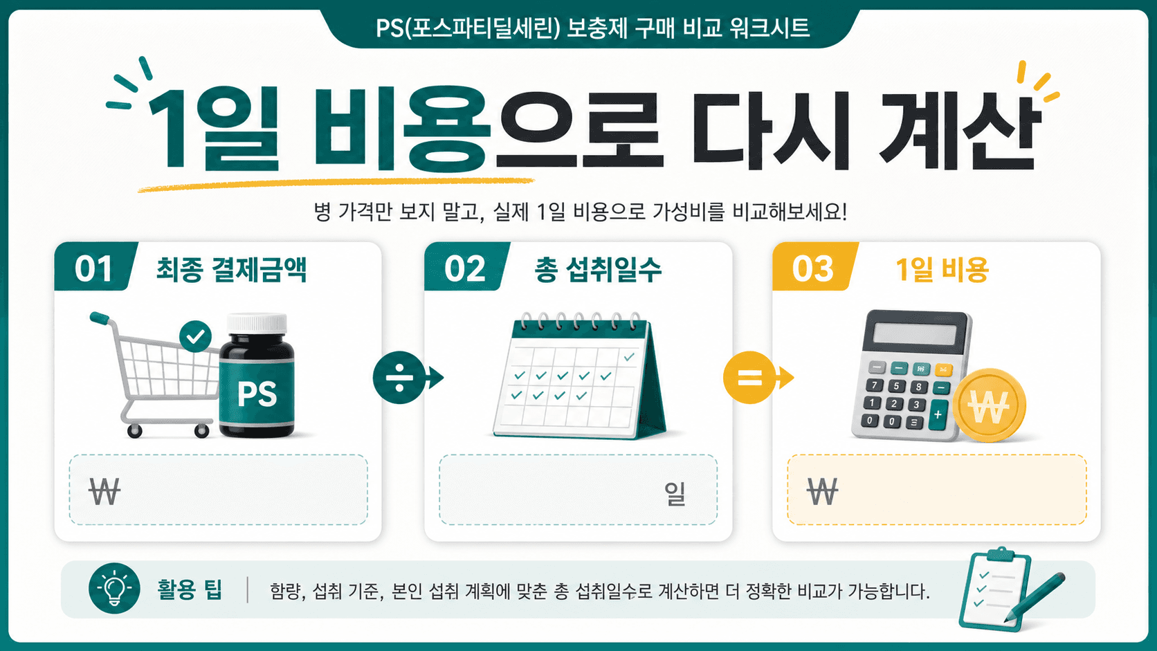포스파티딜세린 제품을 최종 결제금액, 총 섭취일수, 1일 비용으로 다시 계산하는 워크시트