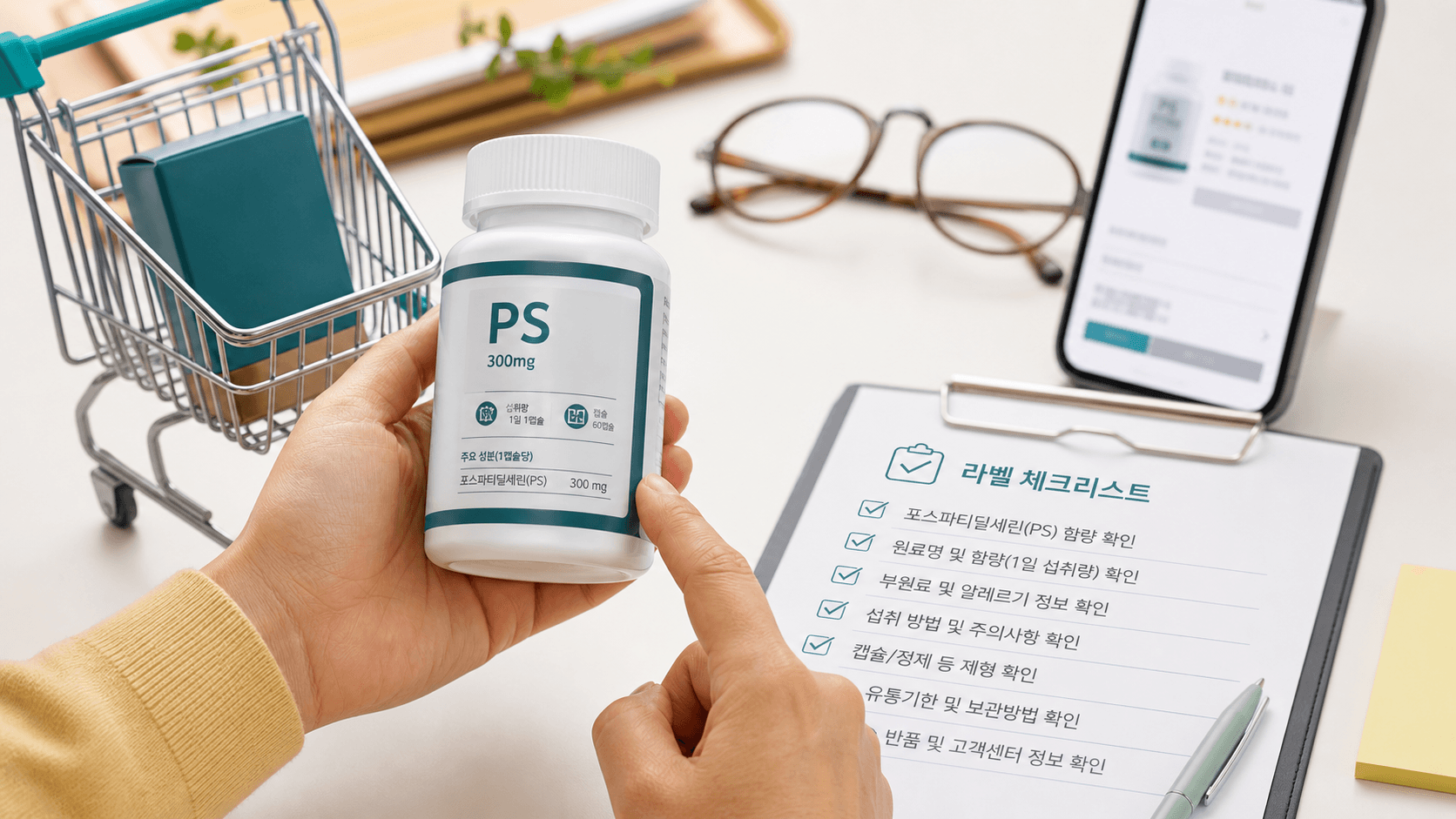 포스파티딜세린 기억력 영양제를 결제하기 전 라벨과 장바구니를 함께 확인하는 장면