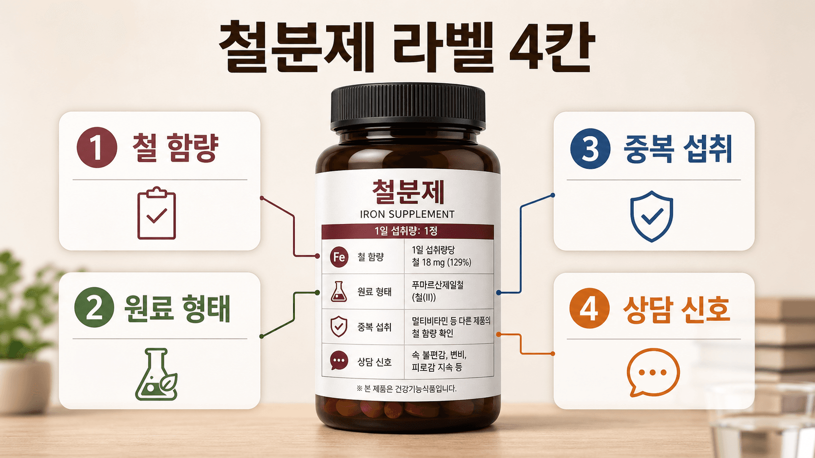 철분제 라벨을 볼 때 철 함량, 원료 형태, 중복 섭취, 상담 신호를 나누어 확인하는 예시형 라벨맵