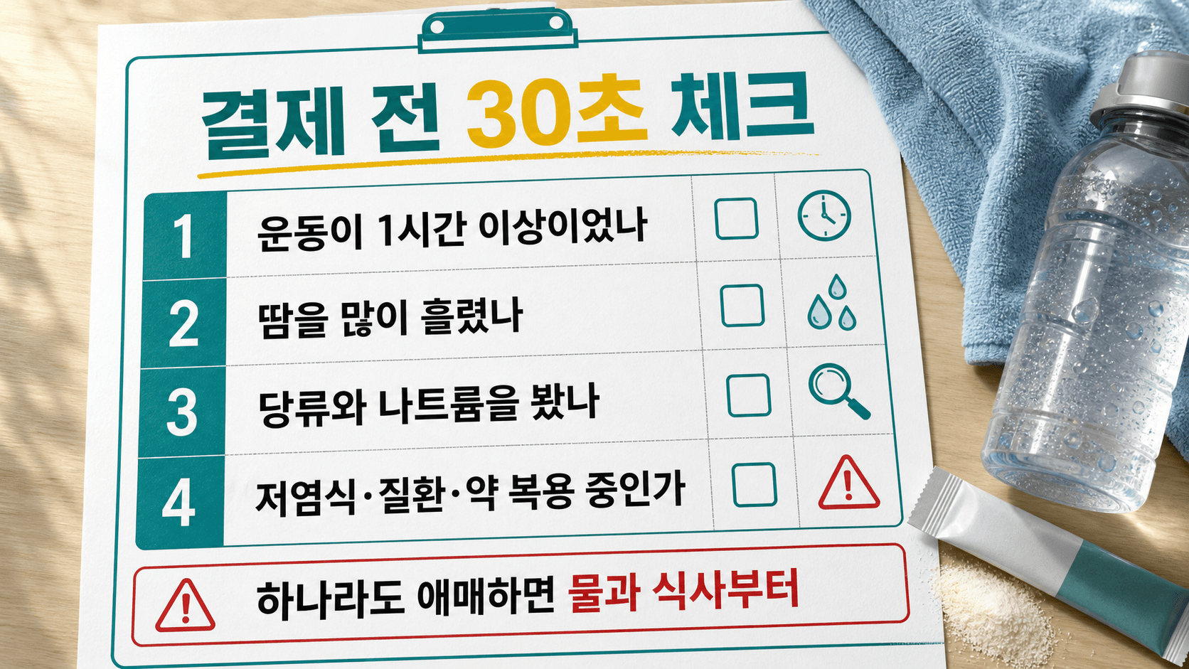 전해질 파우더 결제 전 운동 시간, 땀 양, 당류와 나트륨, 저염식·질환·약 복용 여부를 확인하는 체크 워크시트