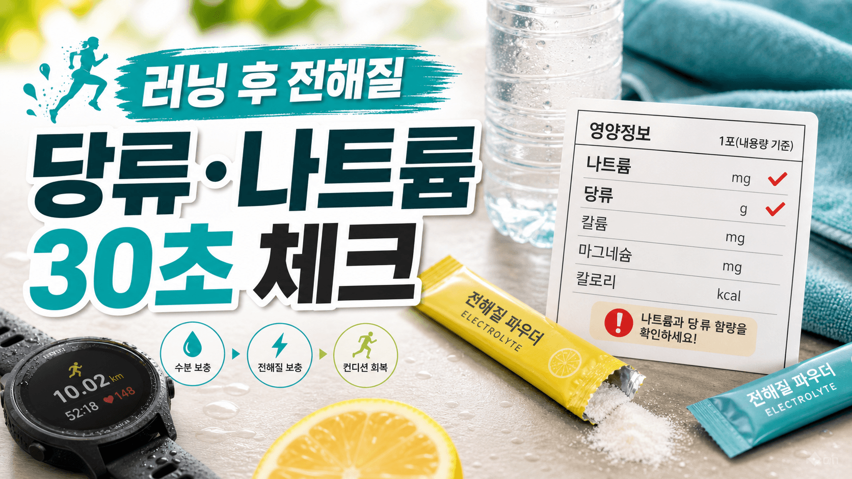 러닝 후 땀 많이 흘렸다면 전해질 파우더, 당류·나트륨 30초 체크 대표 이미지