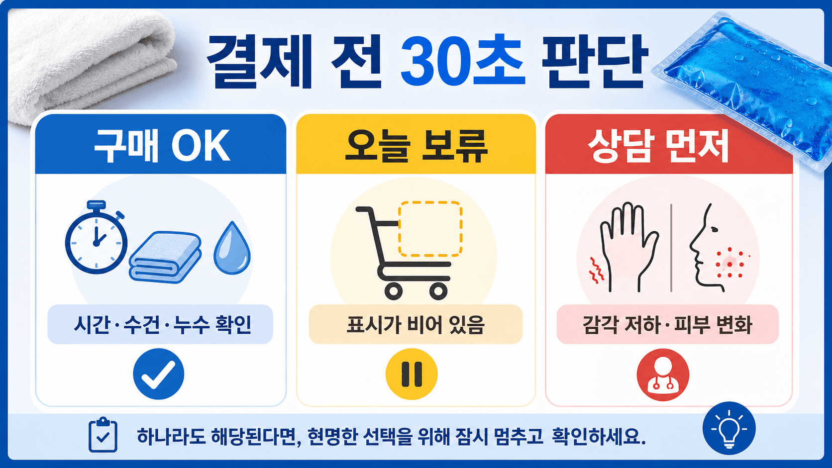 냉찜질팩 결제 전 구매 OK, 오늘 보류, 상담 먼저로 나누는 30초 판단표
