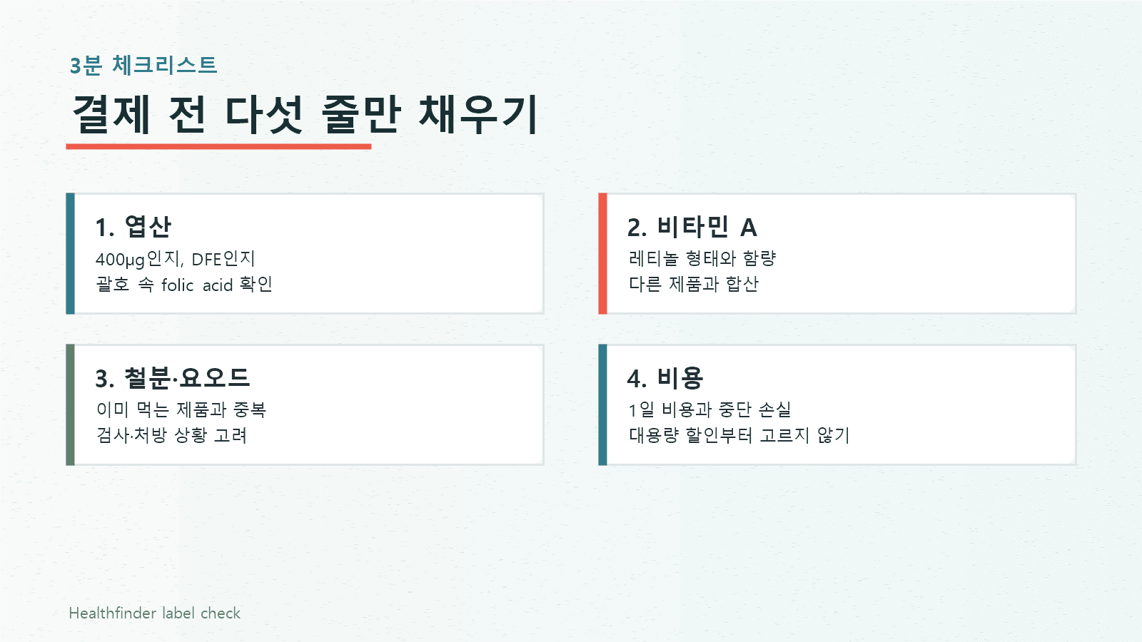 임신 준비 영양제를 결제하기 전 엽산, 비타민 A, 철분·요오드, 비용을 다섯 줄로 확인하는 체크리스트 이미지