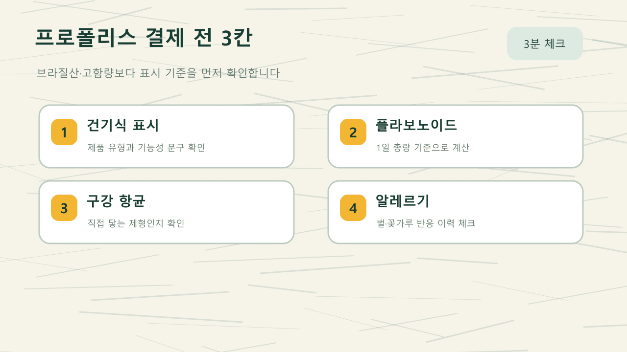 프로폴리스 제품을 결제하기 전 건강기능식품 표시, 플라보노이드, 알레르기 문구를 확인하는 장면