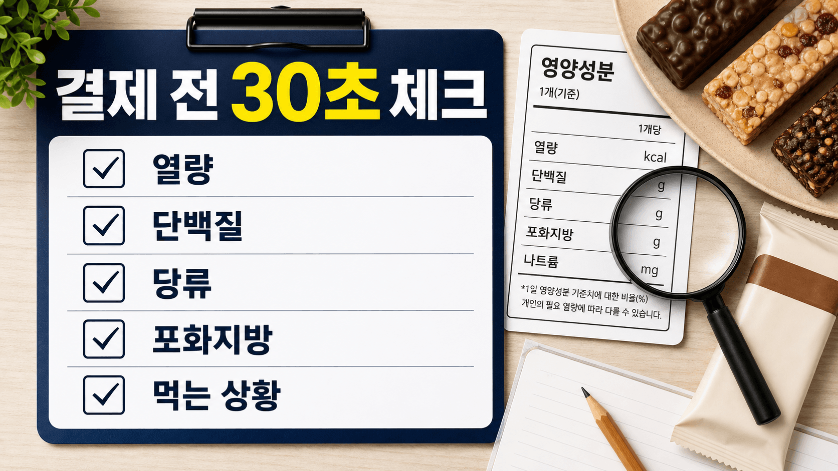 단백질바 결제 전 30초 동안 열량, 단백질, 당류, 포화지방, 먹는 상황을 확인하는 체크리스트