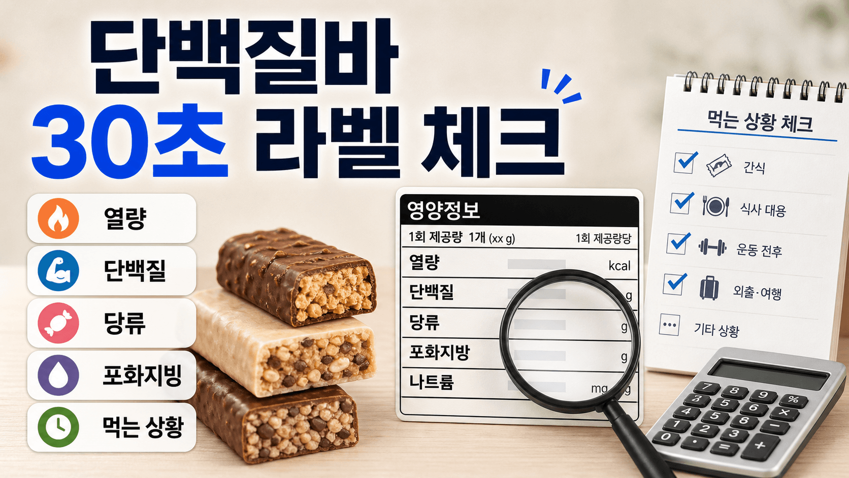 단백질바 여러 개와 영양성분표, 계산기를 놓고 단백질과 당류를 비교하는 장바구니 장면