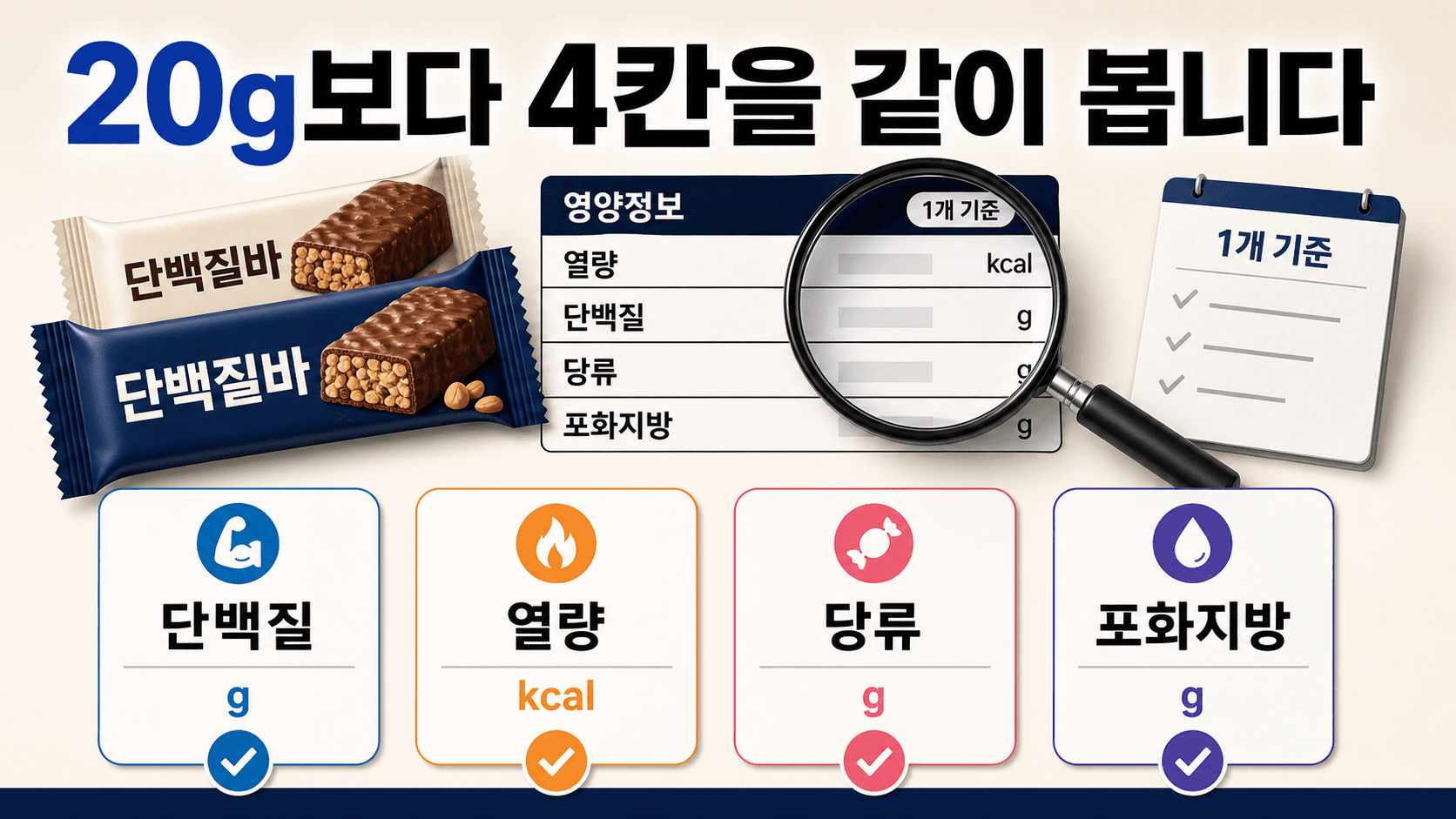 단백질바 라벨에서 단백질 20g, 열량, 당류, 포화지방 네 칸을 나누어 보는 체크 지도