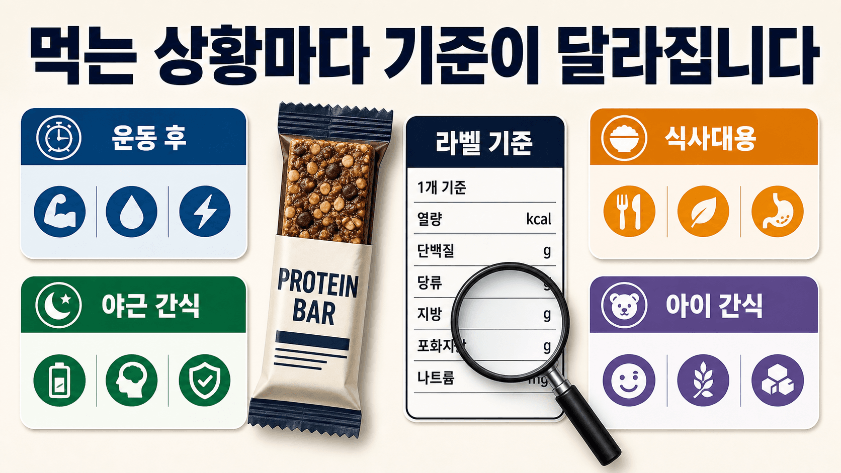 운동 후, 야근 간식, 식사대용, 아이 간식 네 상황에 따라 단백질바 라벨을 다르게 보는 비교 카드