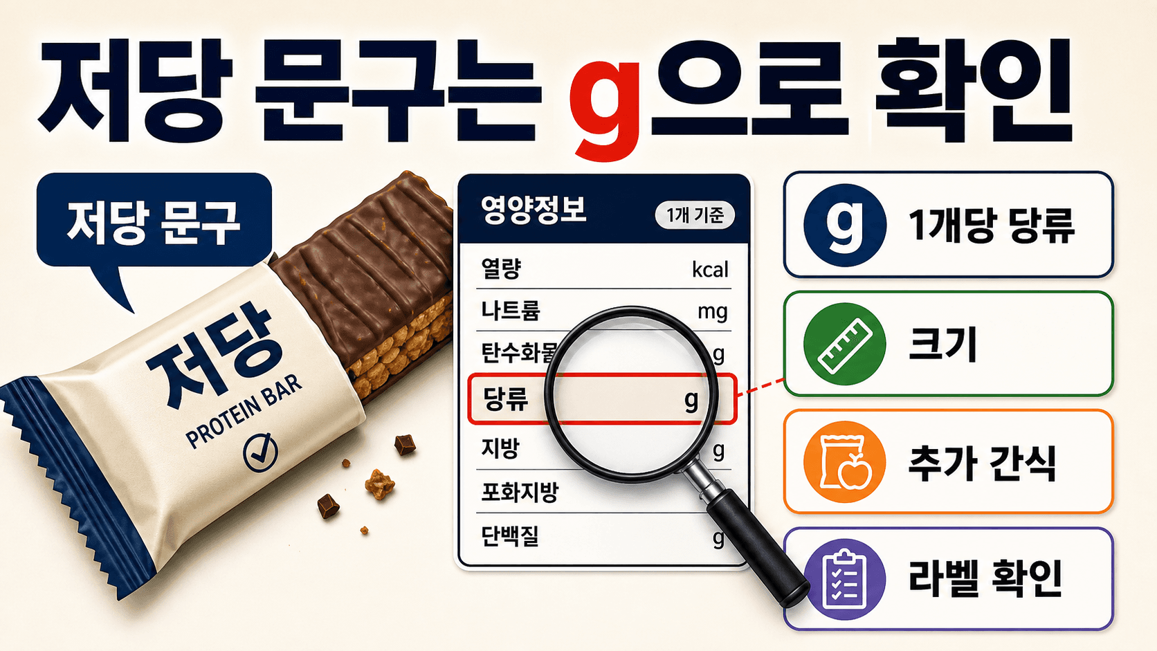 저당 문구와 실제 1개당 당류 g, 크기와 추가 간식 여부를 함께 확인하는 비교 카드