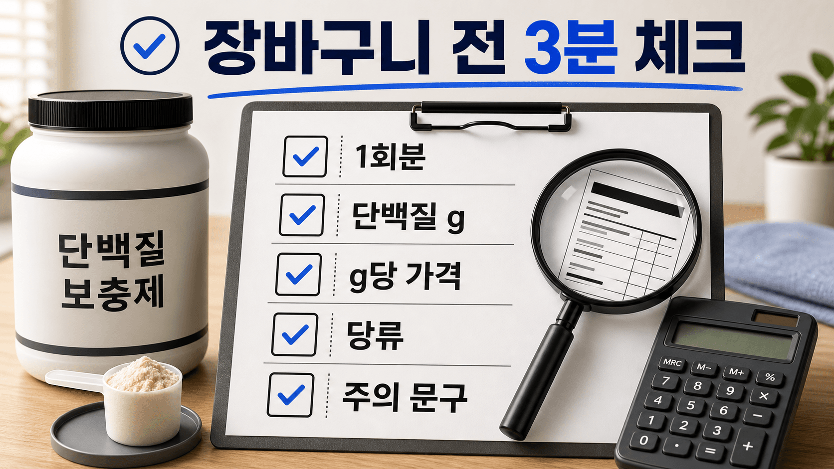 단백질 보충제 결제 전 1회분, 단백질 g, g당 가격, 주의 문구를 확인하는 3분 체크리스트