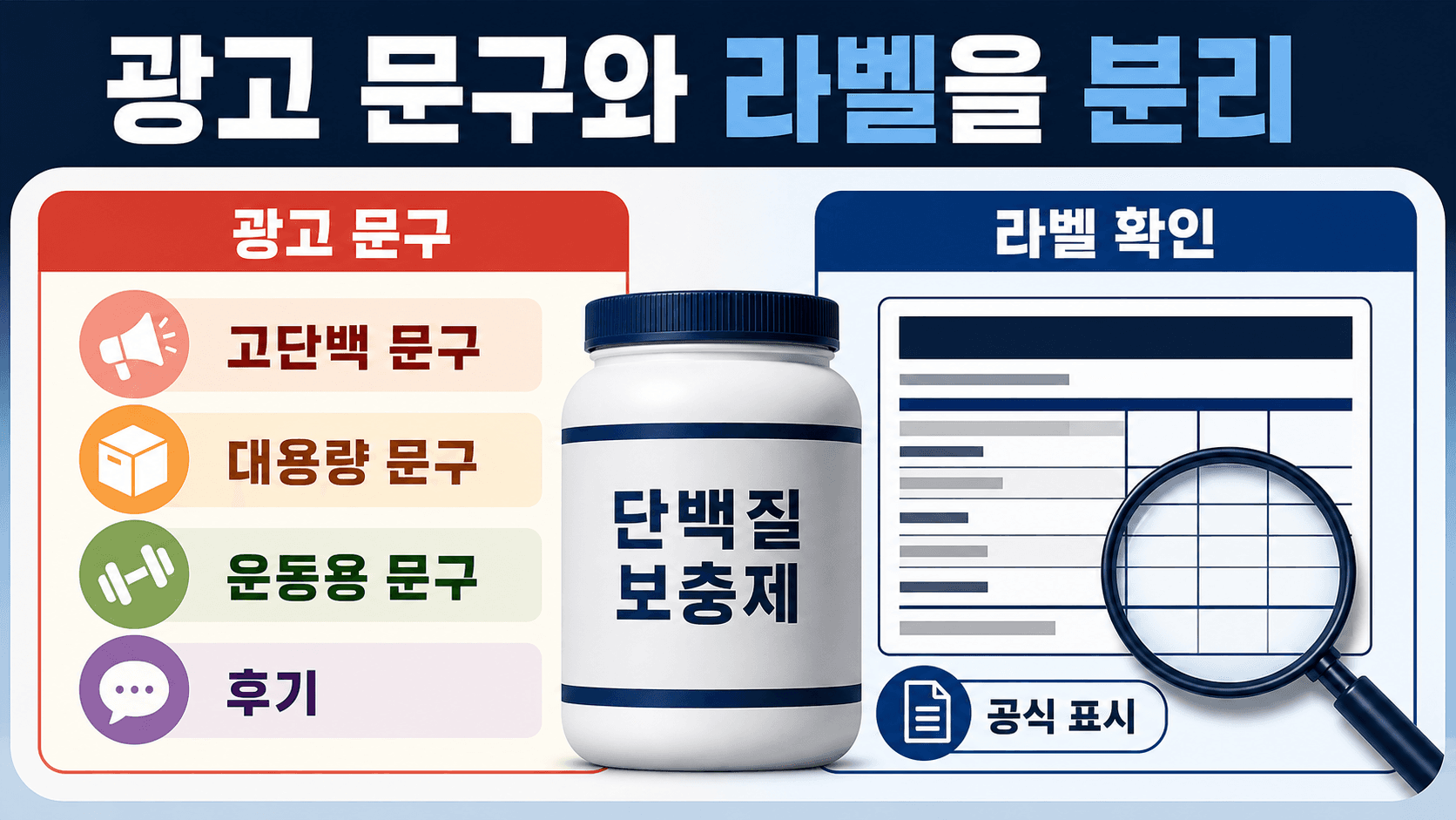 단백질 보충제 광고 문구를 고단백, 대용량, 운동용, 후기 항목으로 나눠 공식 표시와 비교하는 카드