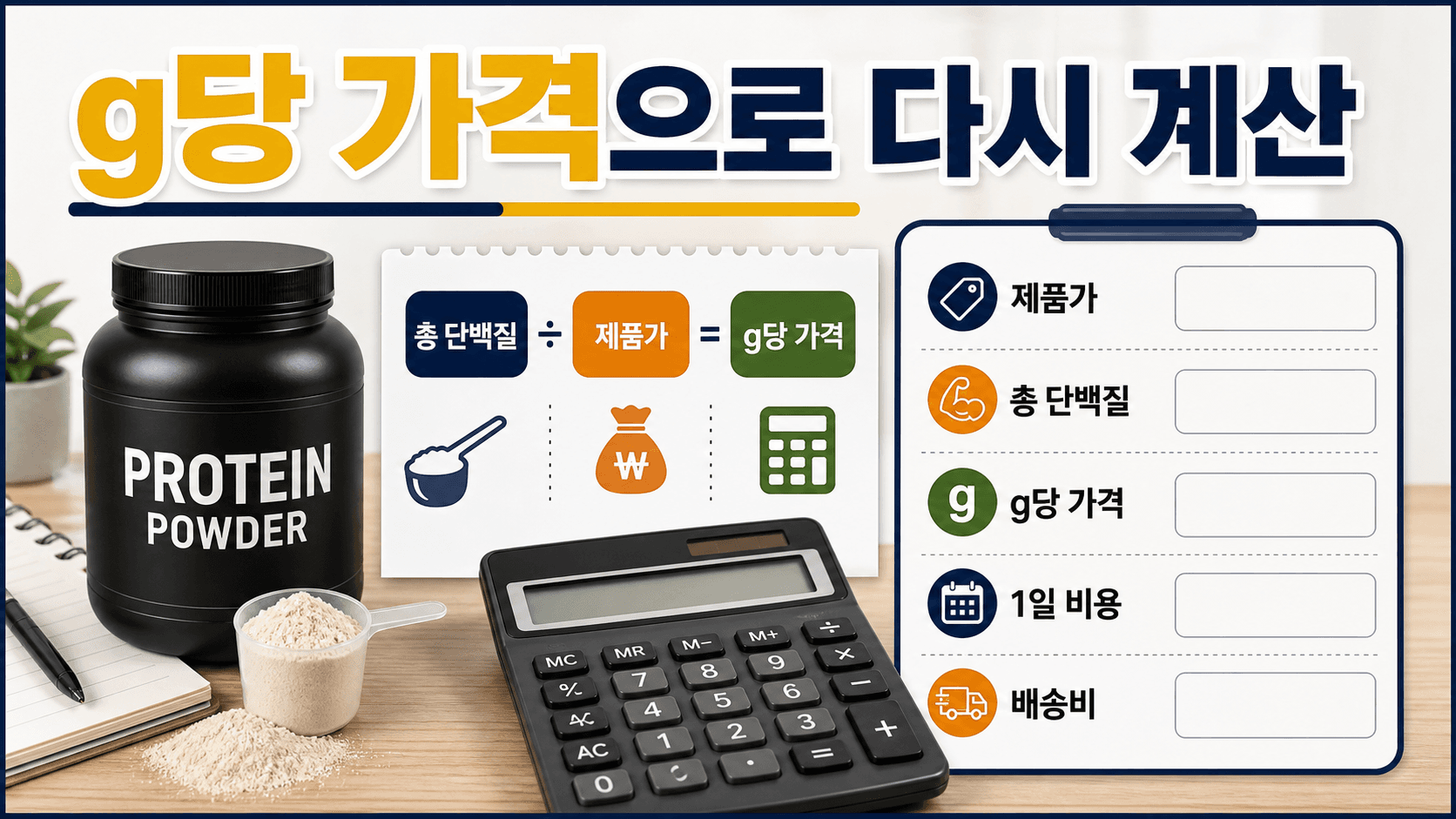 단백질 보충제 가격을 제품가, 총 단백질, g당 가격, 1일 비용으로 나눠 계산하는 워크시트
