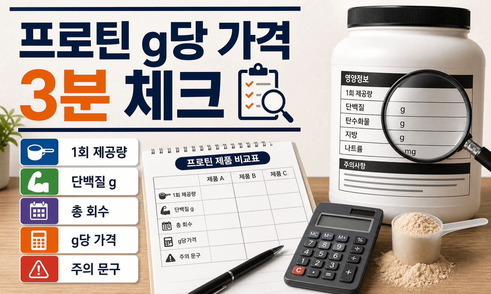 단백질 보충제를 장바구니에 넣기 전 통 가격, 단백질 함량, 계산기를 함께 놓고 비교하는 장면