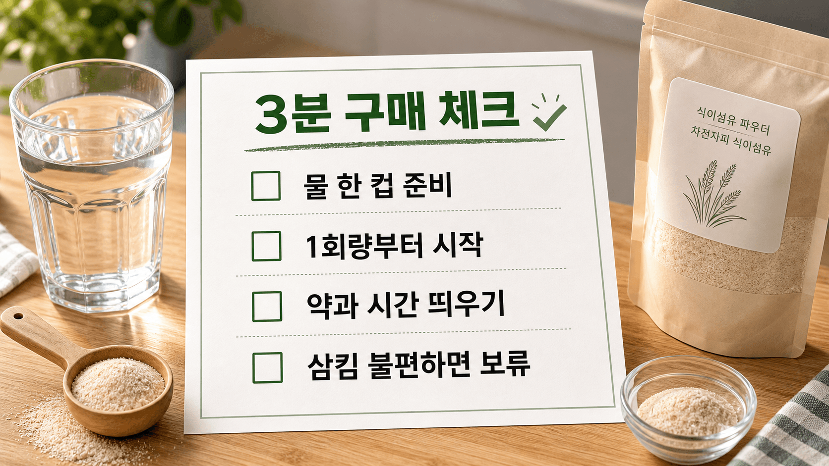 차전자피 식이섬유 구매 전 물 한 컵, 1회량, 약과 시간, 삼킴 신호를 확인하는 체크시트