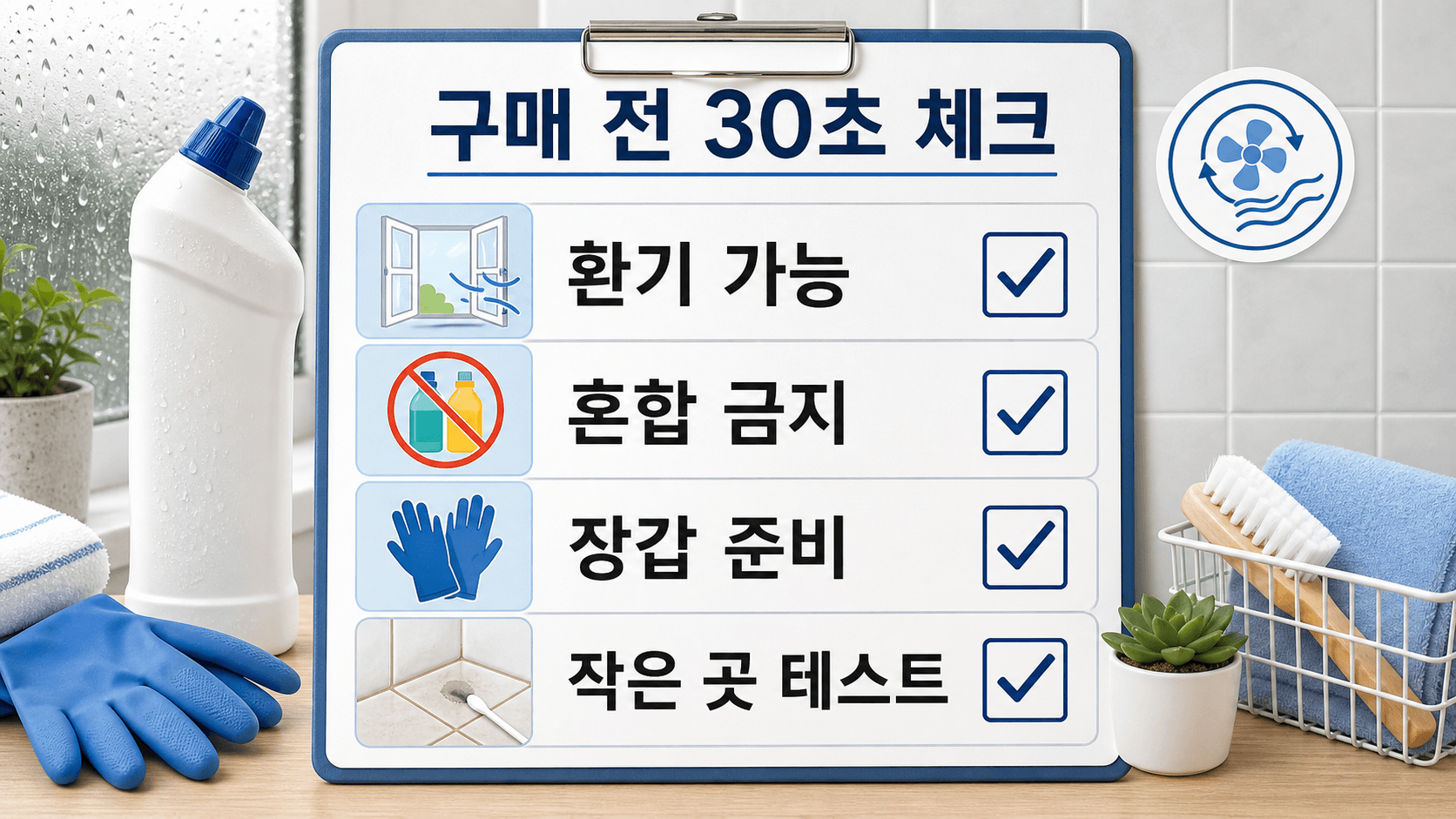 욕실 곰팡이 제거제 구매 전 환기 가능, 혼합 금지, 장갑, 소재 테스트를 확인하는 30초 체크시트