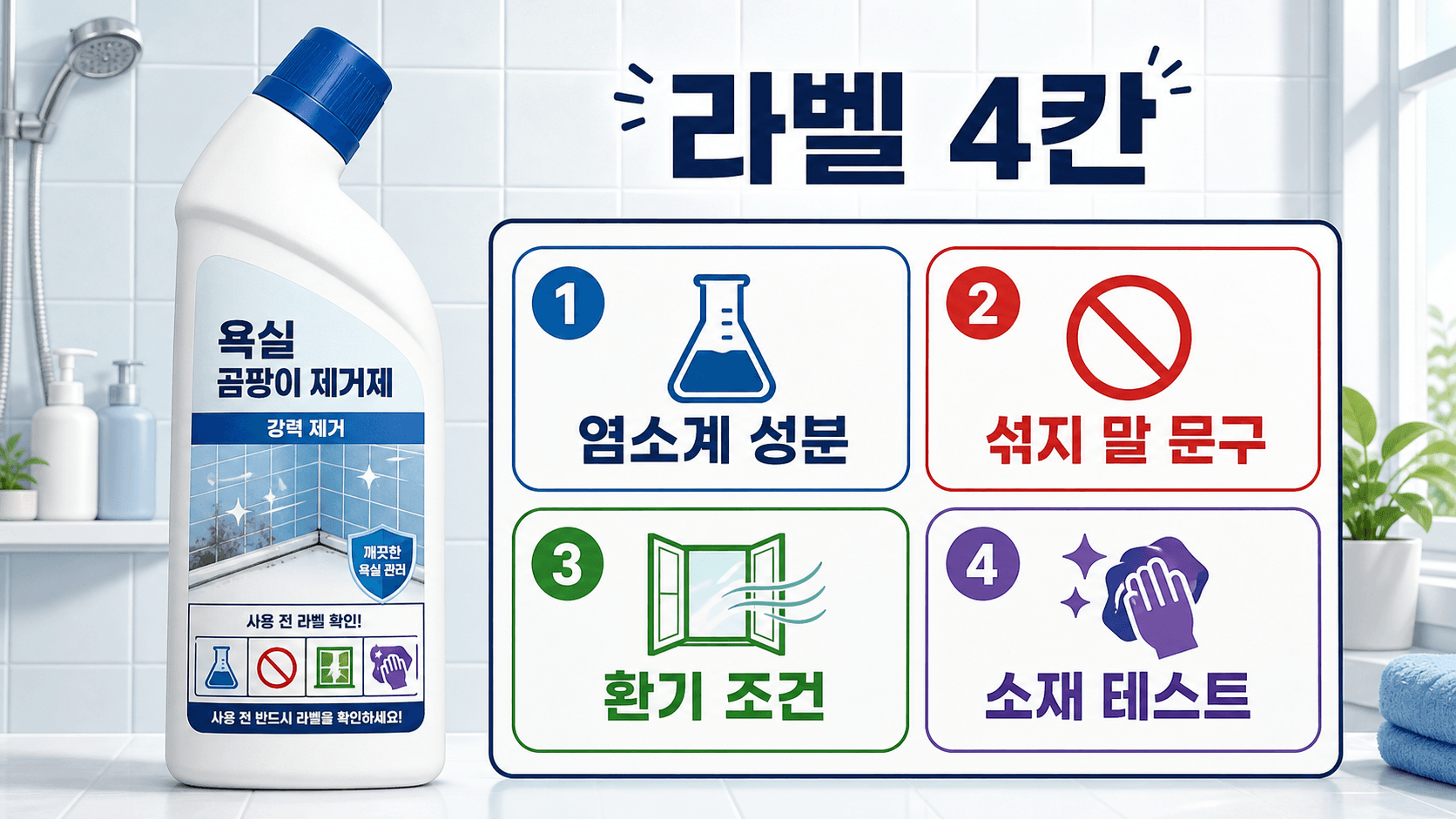 곰팡이 제거제 예시 라벨에서 염소계 성분, 산성 제품 혼합 금지, 환기, 사용 가능 소재를 확인하는 4칸 지도
