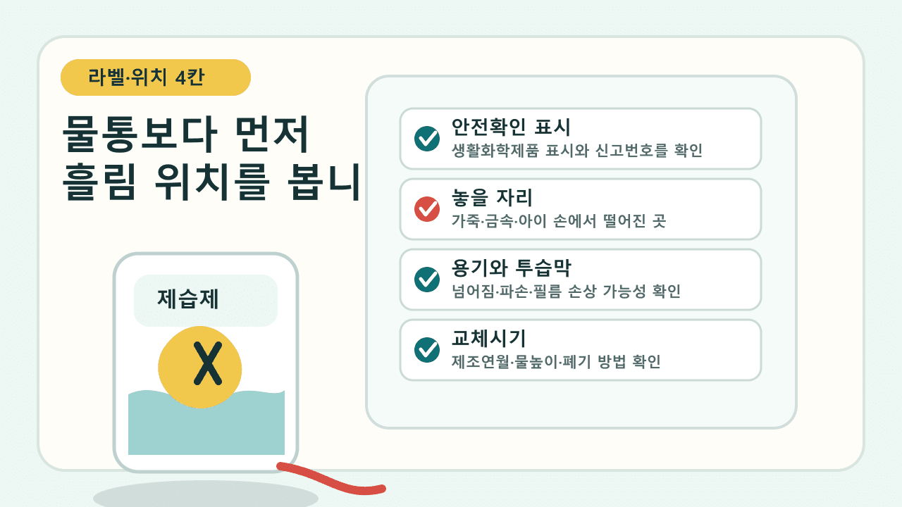 장마철 옷장 제습제 라벨과 위치에서 안전확인, 신고번호, 교체시기, 누액 위험을 나눠 보는 지도