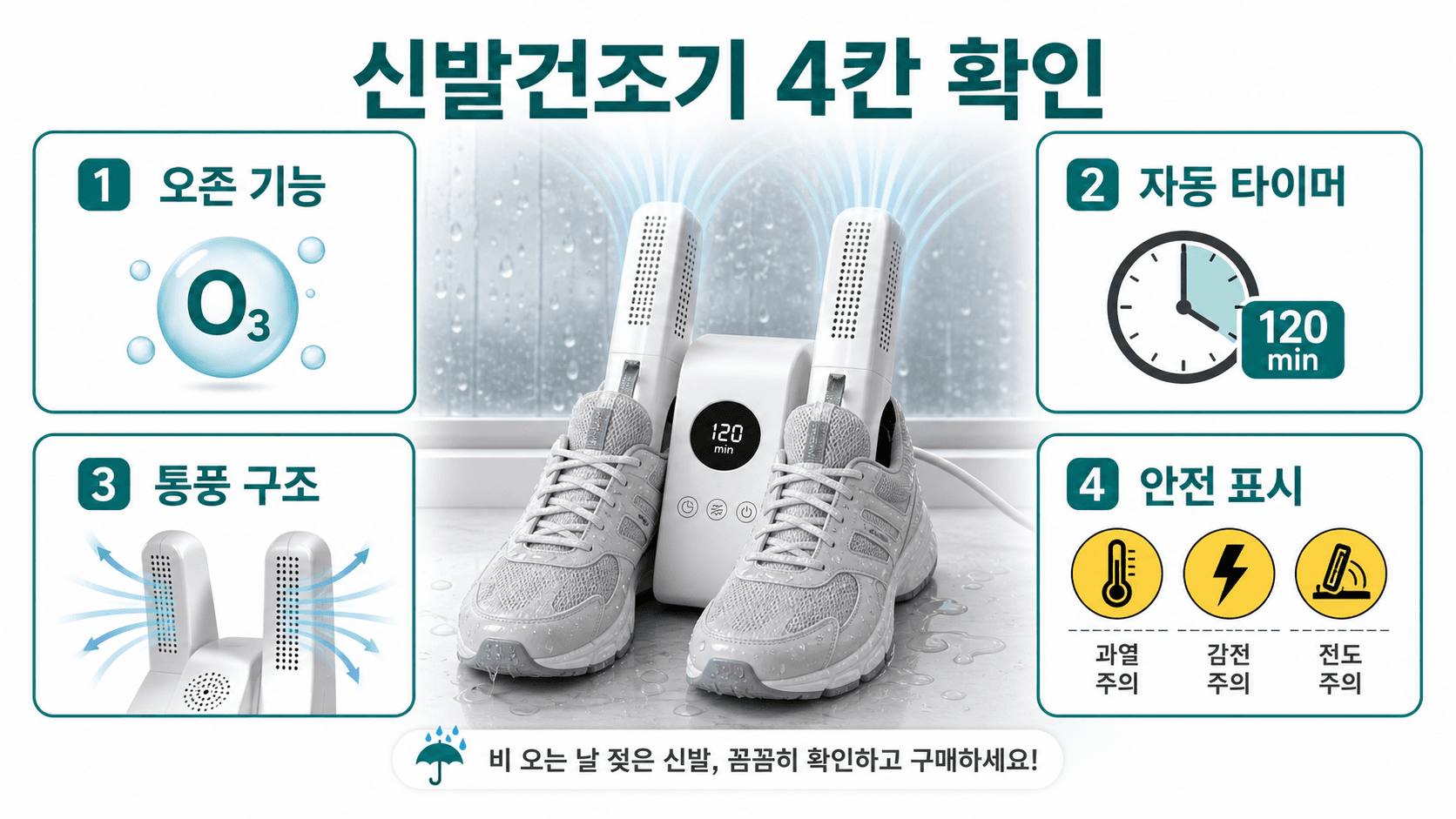 신발건조기 상세페이지에서 오존 기능, 자동 타이머, 통풍 구조, 안전 표시를 확인하는 4칸 지도