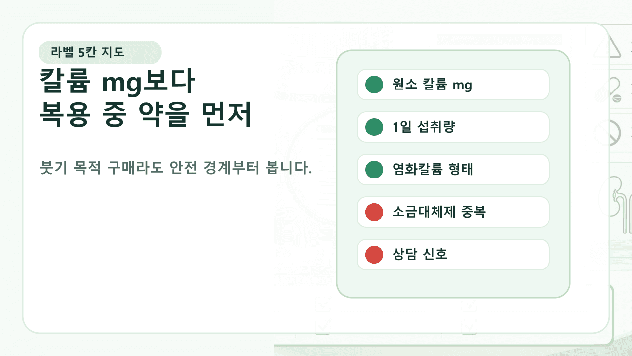 칼륨 영양제 라벨에서 원소 칼륨, 1일 섭취량, 소금대체제 중복, 상담 신호를 확인하는 지도