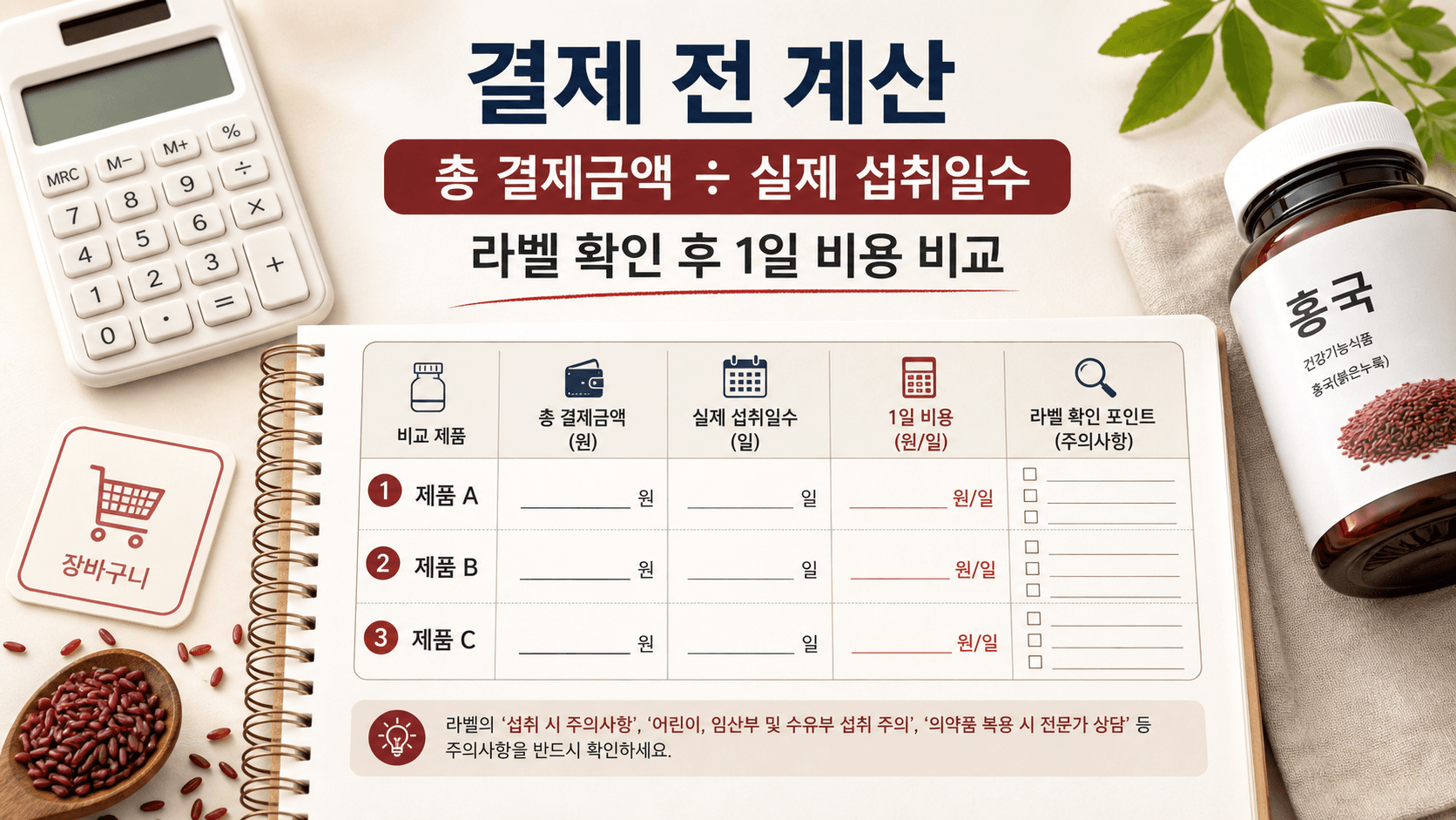 홍국 영양제 구매 전 총 결제금액을 실제 섭취일수로 나누고 라벨 확인 뒤 1일 비용을 비교하는 워크시트 이미지