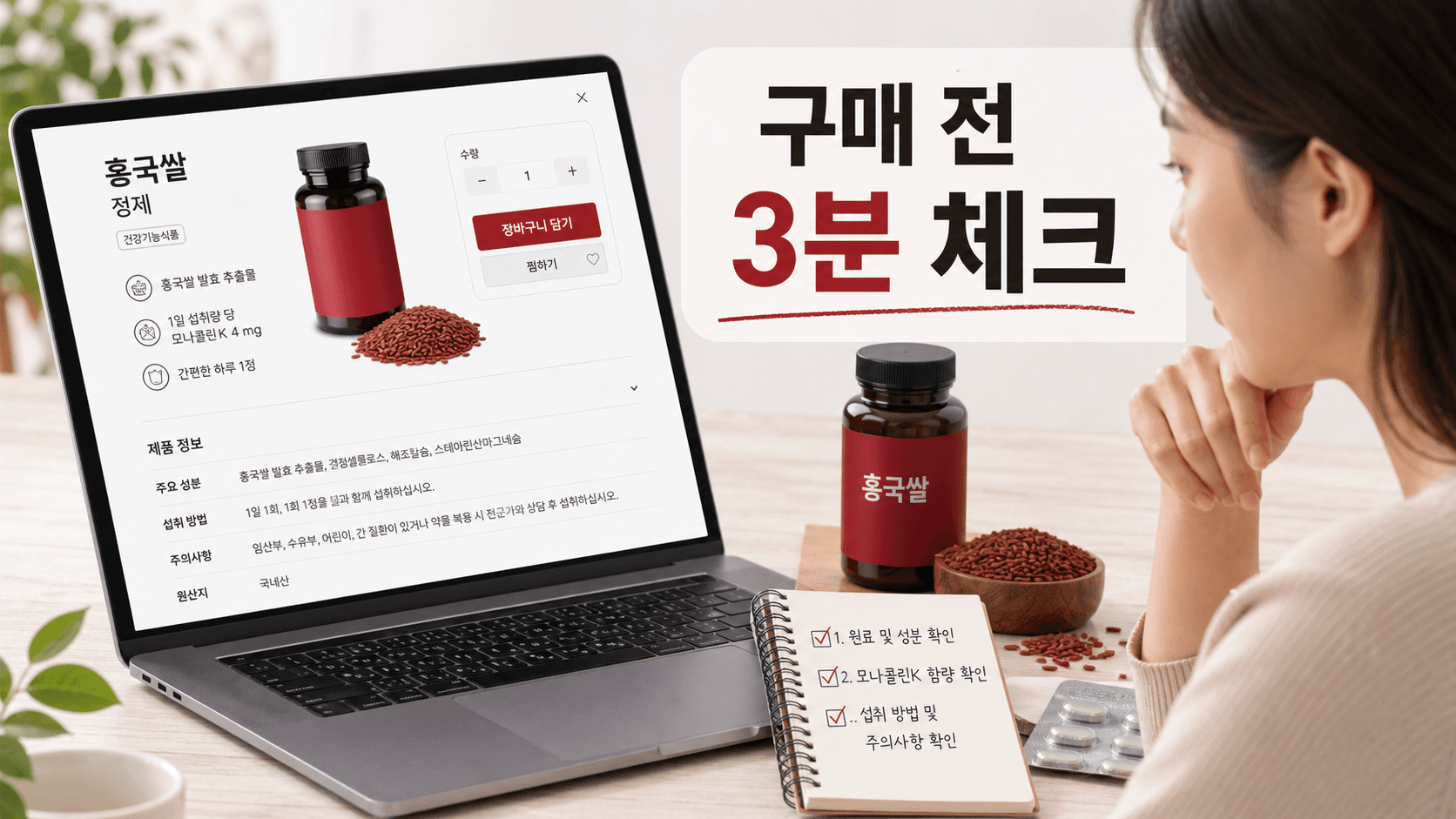 홍국 영양제 제품 페이지를 보며 모나콜린K, 약 복용 여부, 주의문구를 결제 전 확인하는 3분 체크 이미지