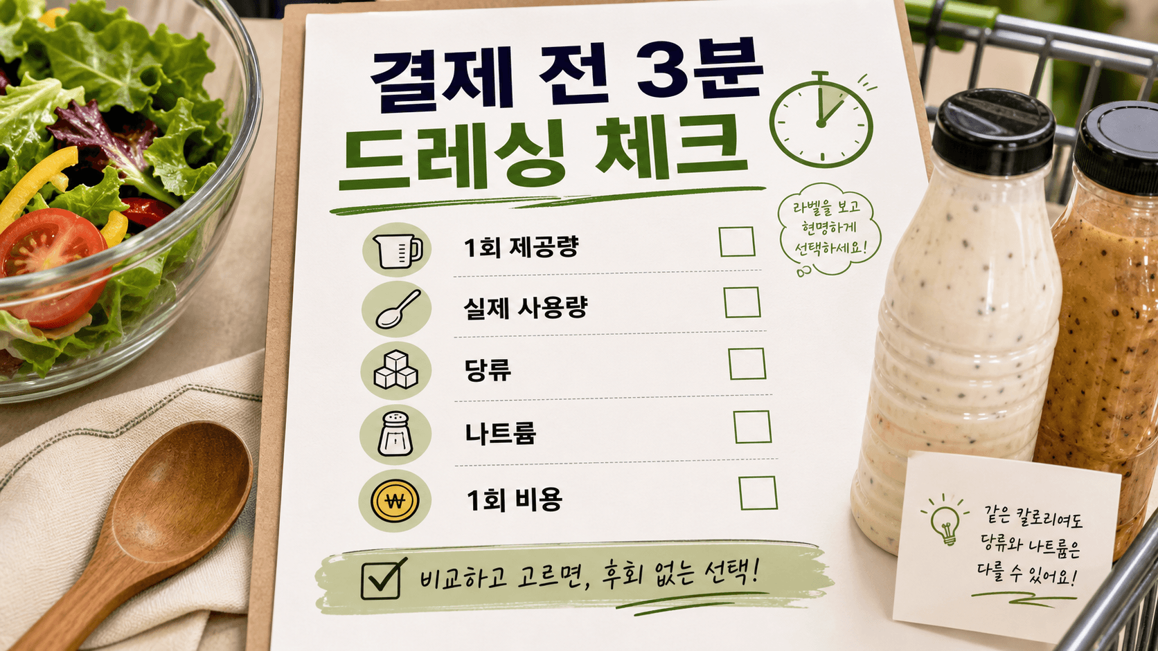 샐러드 드레싱 결제 전 3분 동안 1회 제공량, 실제 사용량, 당류, 나트륨, 1회 비용을 확인하는 체크리스트 이미지