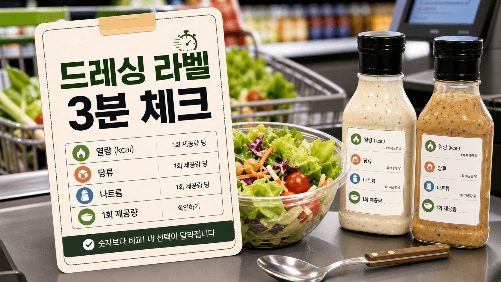 샐러드 드레싱 두 병과 영양성분표에서 열량, 당류, 나트륨, 1회 제공량을 함께 확인하는 결제 전 라벨 체크 장면