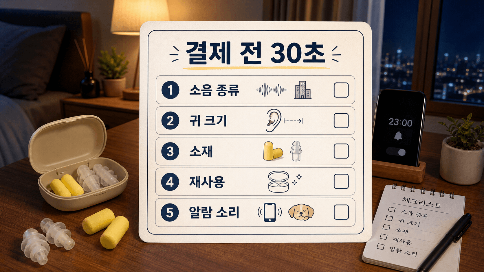 수면용 귀마개를 결제하기 전 소음 종류, 귀 크기, 소재, 재사용, 알람 소리를 확인하는 30초 체크리스트 이미지