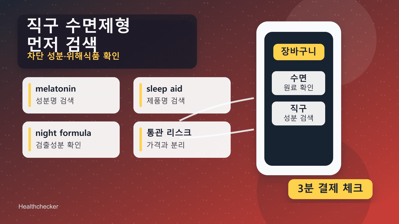 직구 상품 검색창, 차단 성분 카드, 멜라토닌 경고 표지가 함께 배치된 해외직구 체크 인포그래픽