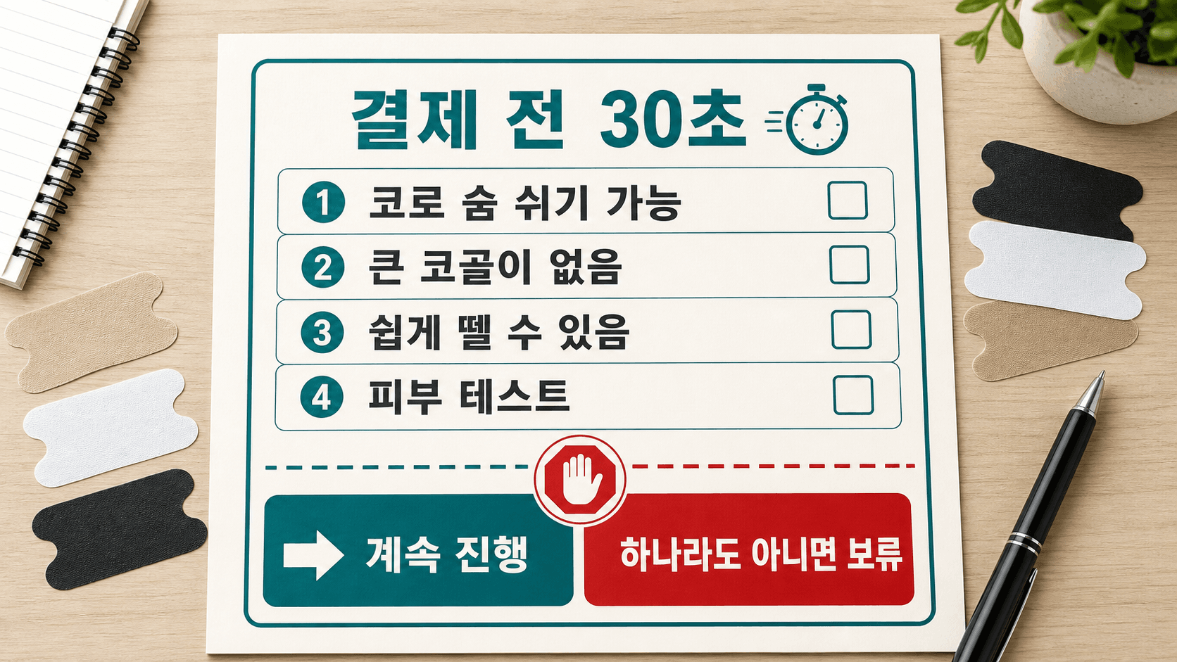 수면용 입테이프 결제 전 코로 숨 쉬기 가능, 큰 코골이 없음, 쉽게 뗄 수 있음, 피부 테스트를 확인하는 체크리스트