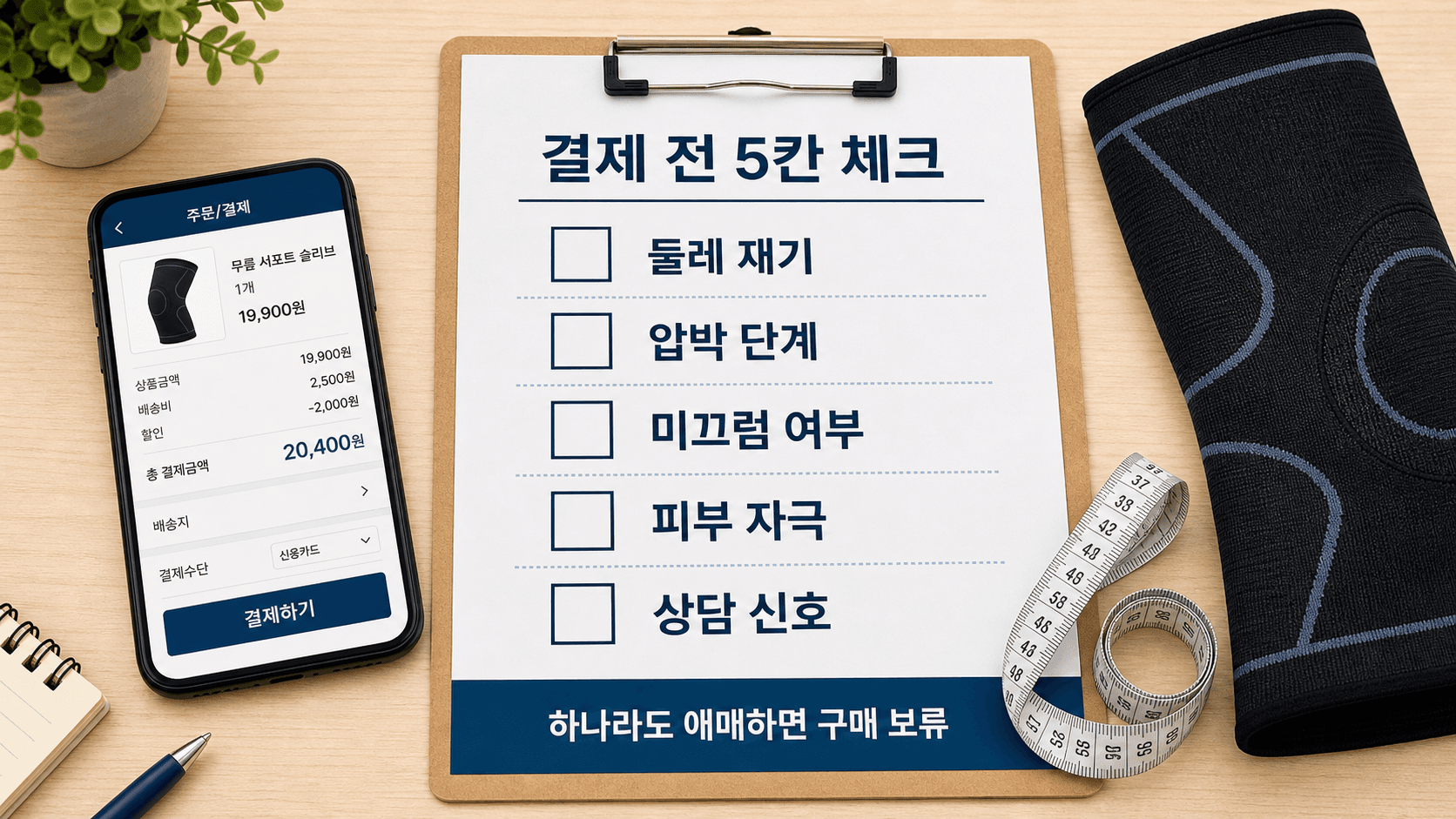 무릎보호대를 결제하기 전 둘레 재기, 압박 단계, 미끄럼 여부, 피부 자극, 상담 신호를 확인하는 체크리스트