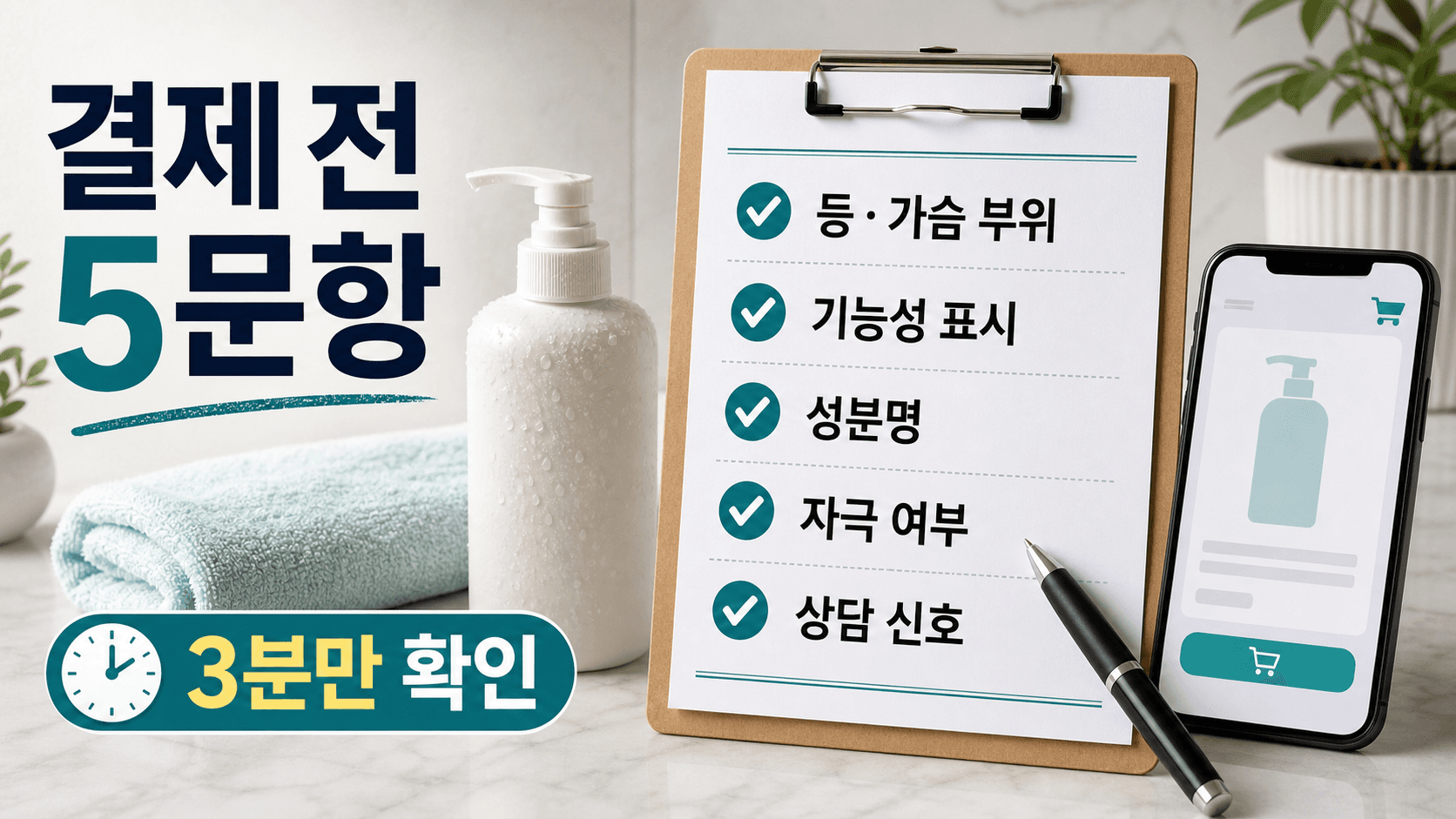 등드름 바디워시를 결제하기 전 부위, 기능성 표시, 성분명, 자극 여부, 상담 신호를 확인하는 5문항 체크시트