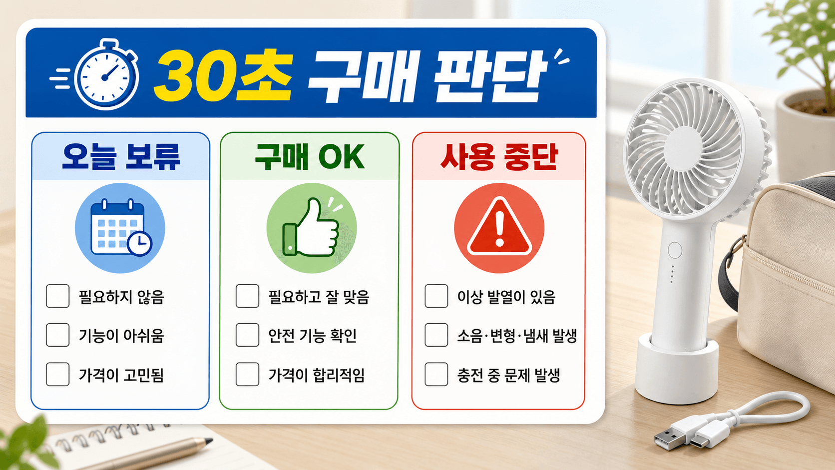 휴대용 선풍기 구매 전 구매 OK, 오늘 보류, 사용 중단으로 나누는 30초 판단 워크시트