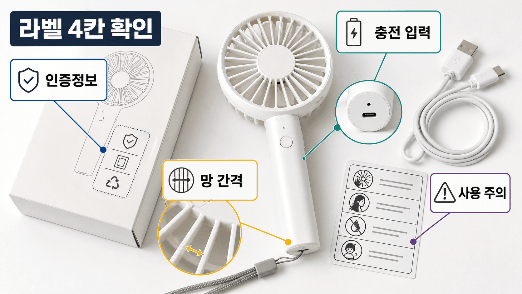 휴대용 선풍기 라벨에서 인증정보, 충전 입력, 망 간격, 사용 주의를 확인하는 4칸 지도