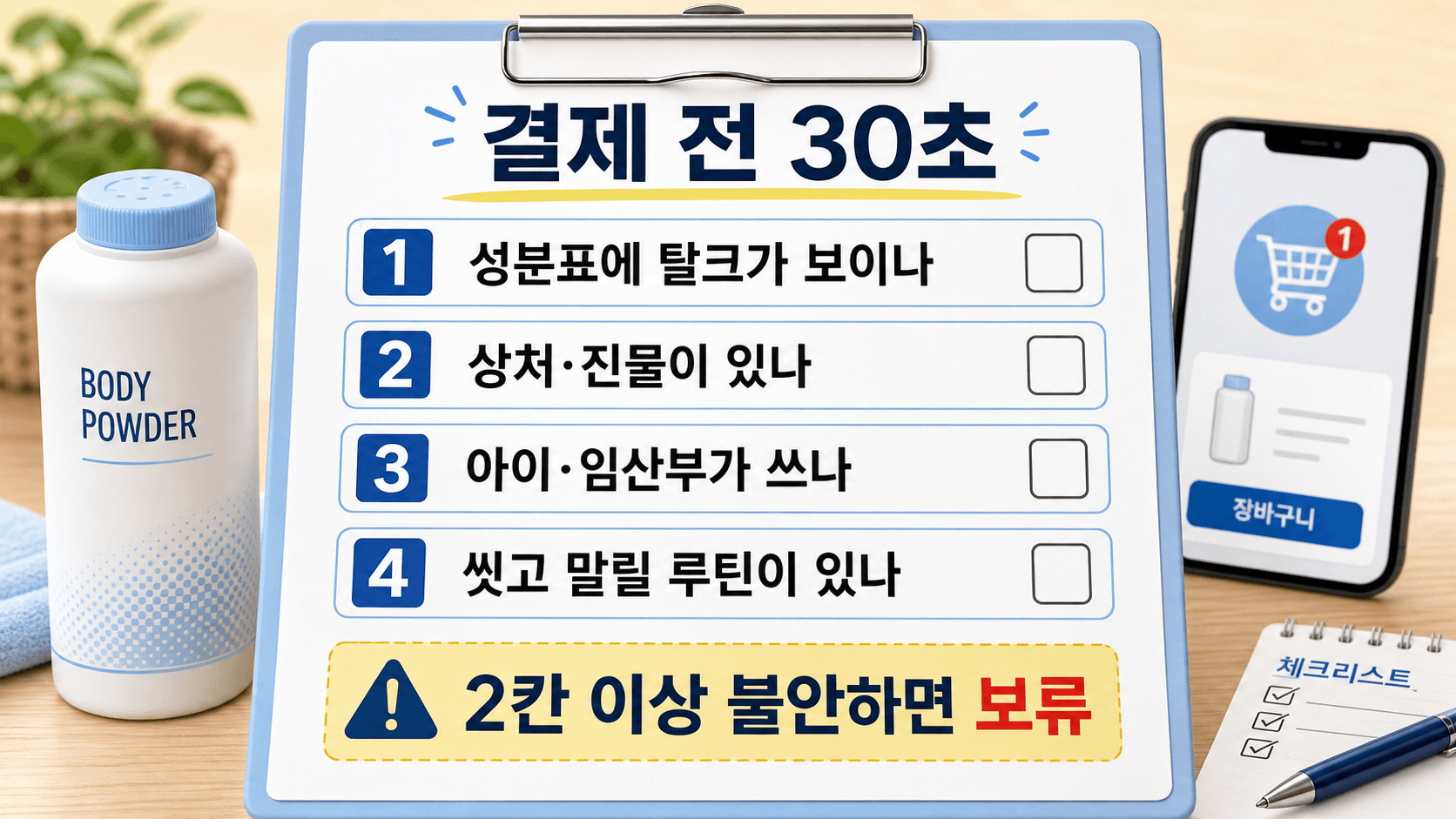 바디파우더 결제 전 탈크, 상처·진물, 아이·임산부, 씻고 말릴 루틴을 확인하는 체크시트