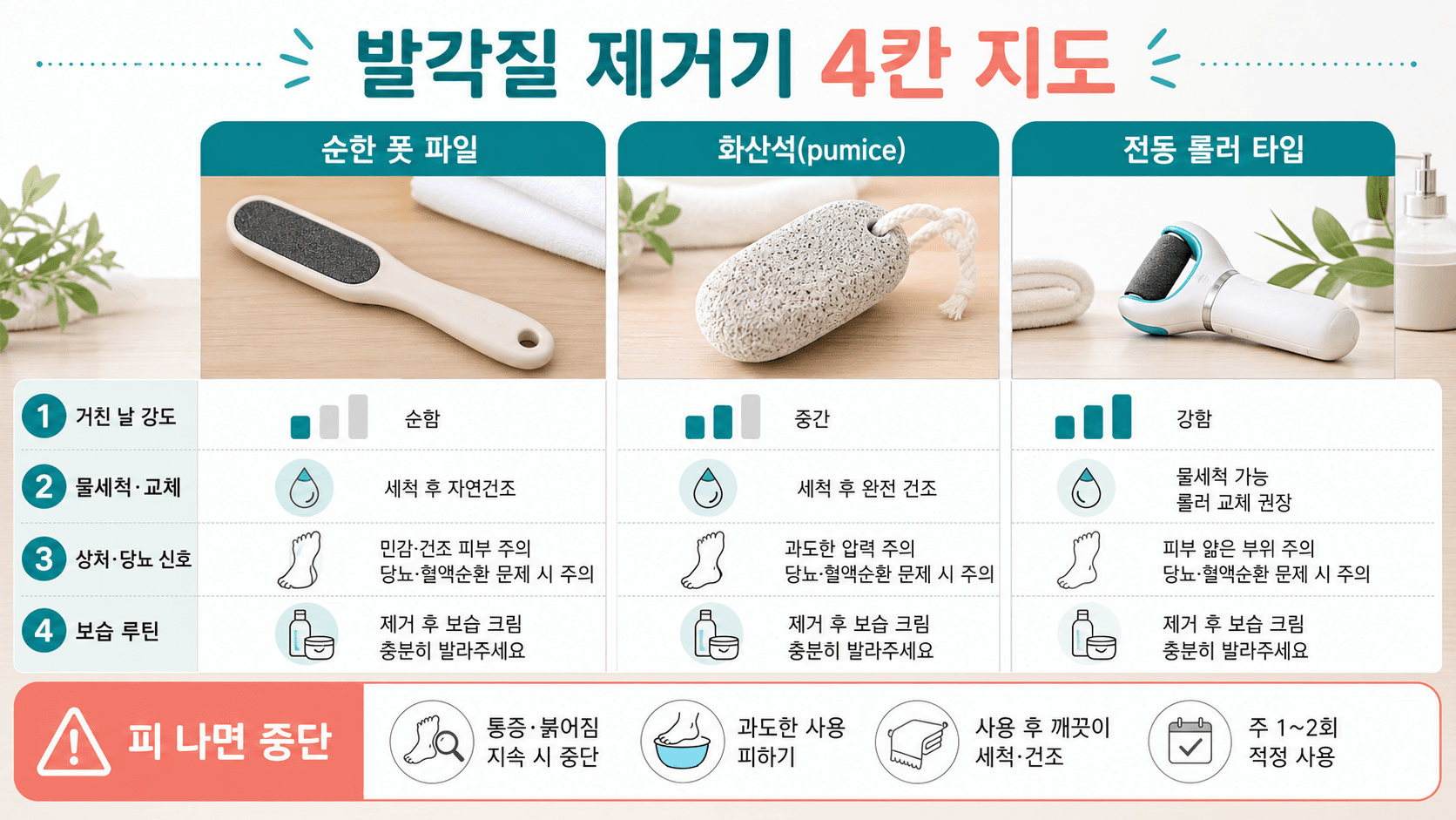 발각질 제거기 선택 시 거친 날 강도, 세척·교체, 상처·당뇨 신호, 보습 루틴을 비교하는 4칸 지도