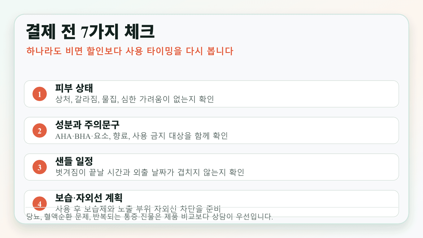 발각질 필링팩 결제 전 피부 상태, 성분과 주의문구, 샌들 일정, 보습과 자외선 계획을 확인하는 체크시트